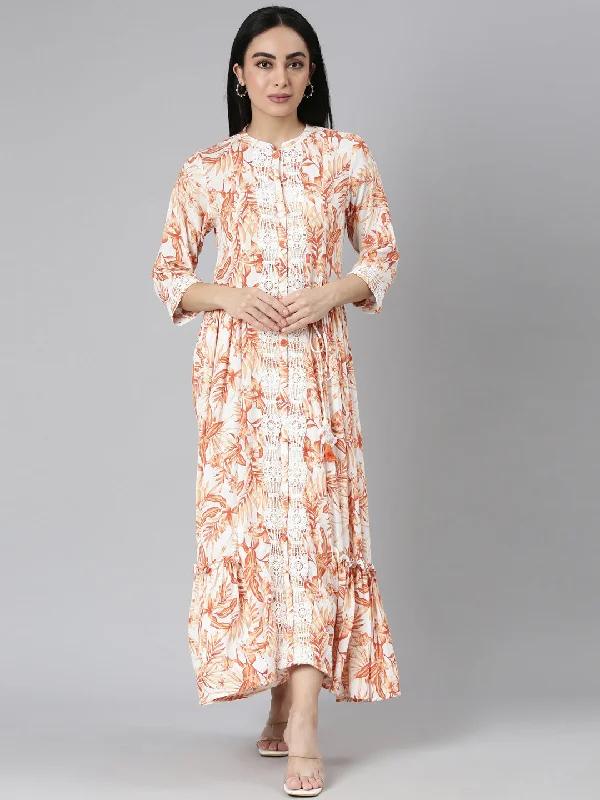 Soft Clothing Neerus Orange Flared Casual Floral Maxi Dresses