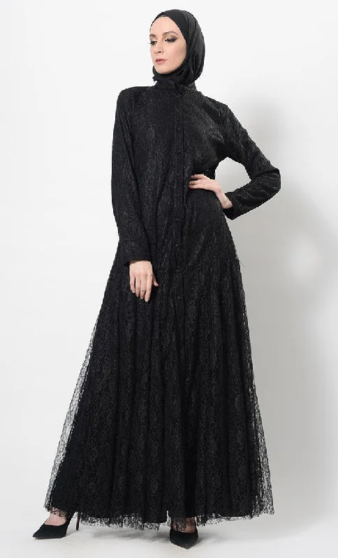 Stylish Wear Beautiful Net Detail Modest Wear Abaya Dress And Hijab Set