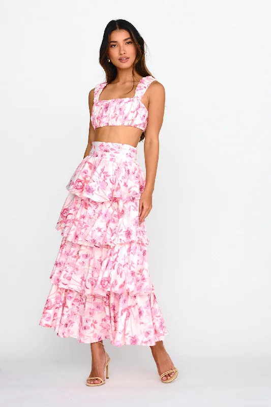 Classic Series Suenito Tiered Frill Maxi Skirt Floral Pink
