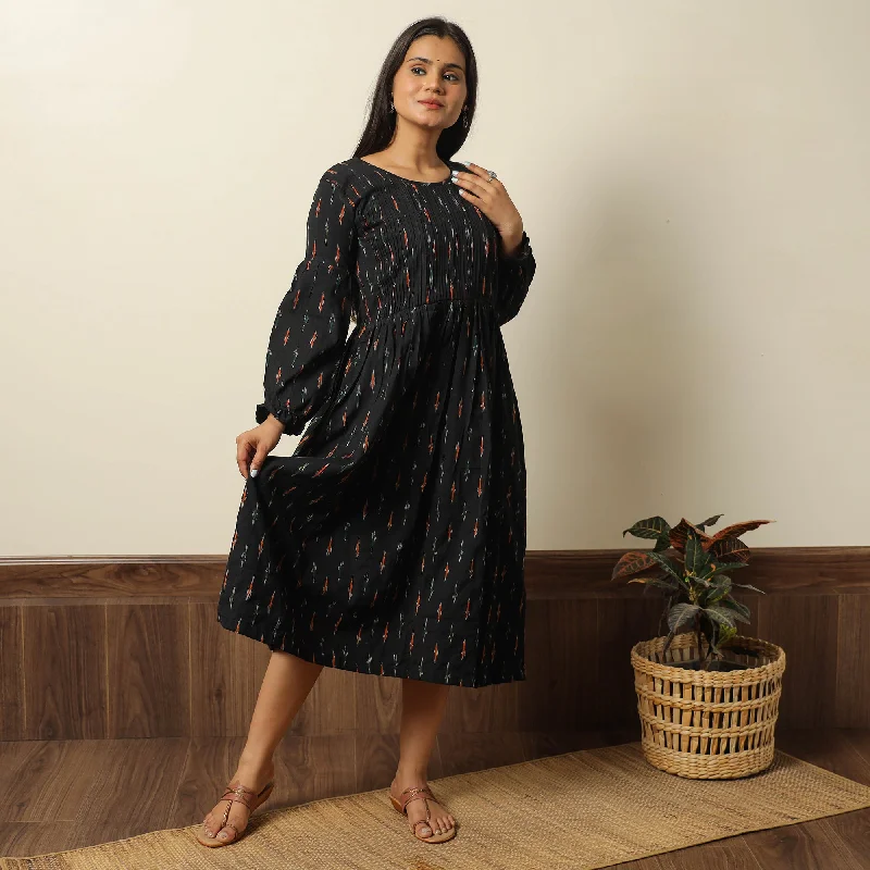 Fashion Must-have Black - Pochampally Ikat Weave Cotton Pintuck Flared Dress 03