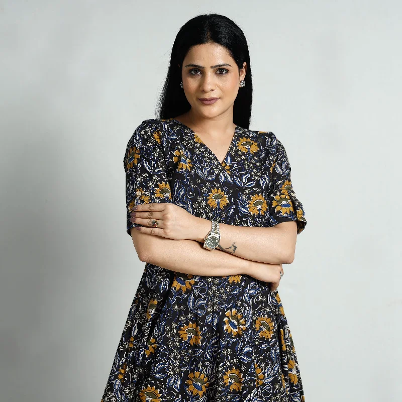 Classic Style Black - Bagru Block Printed Cotton Flared Dress