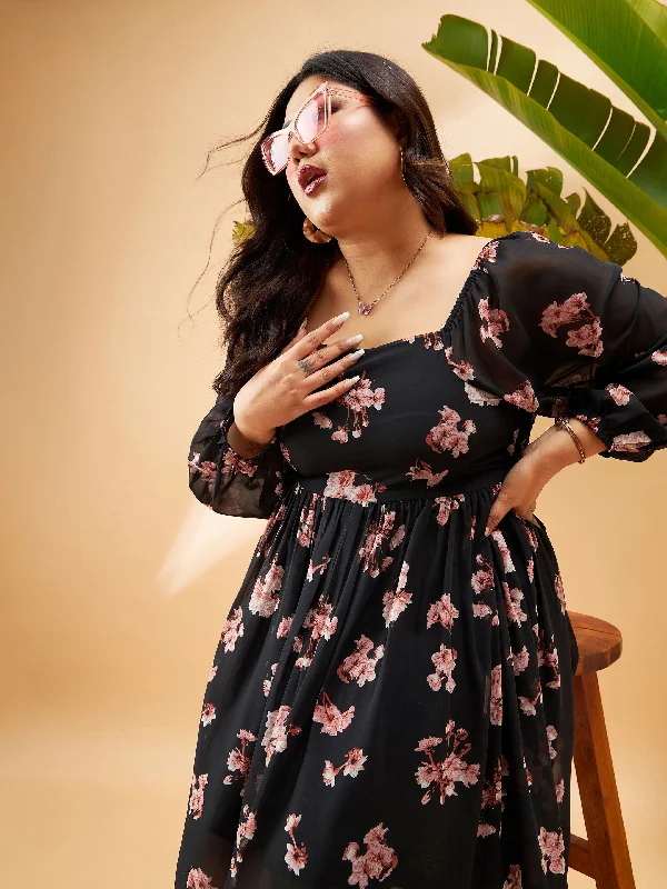 Exquisite Tailoring Women Black Floral Print Back Smocking Detail Skater Dress