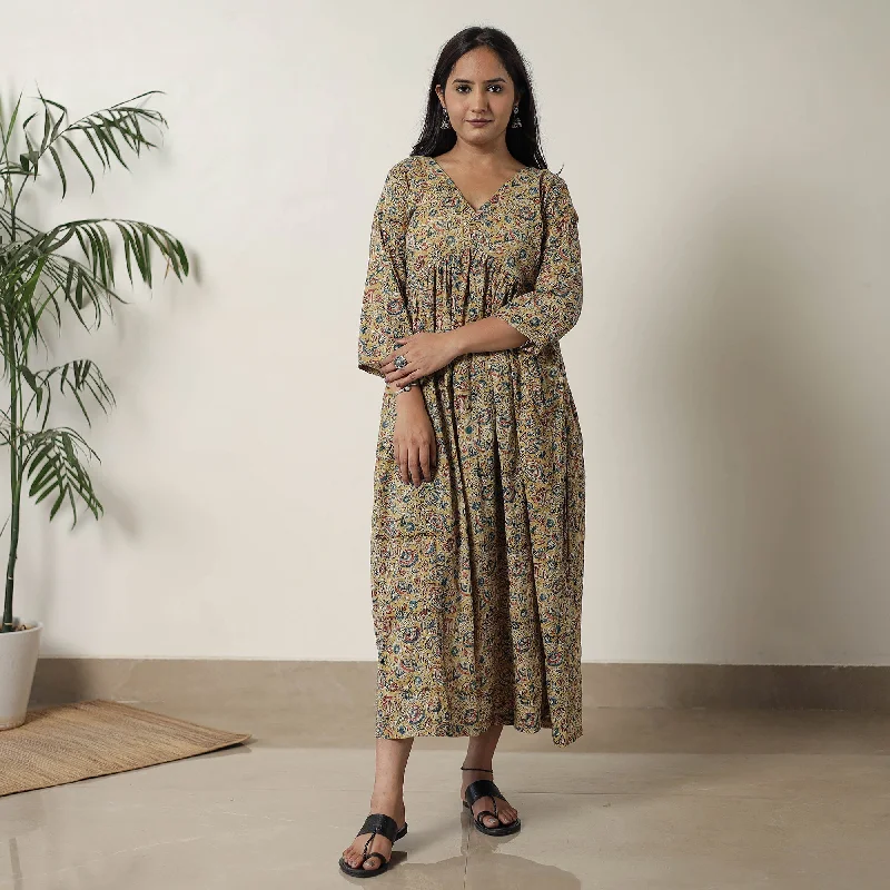Urban Sense Yellow - Pedana Kalamkari Block Printed Cotton Flared Dress 07