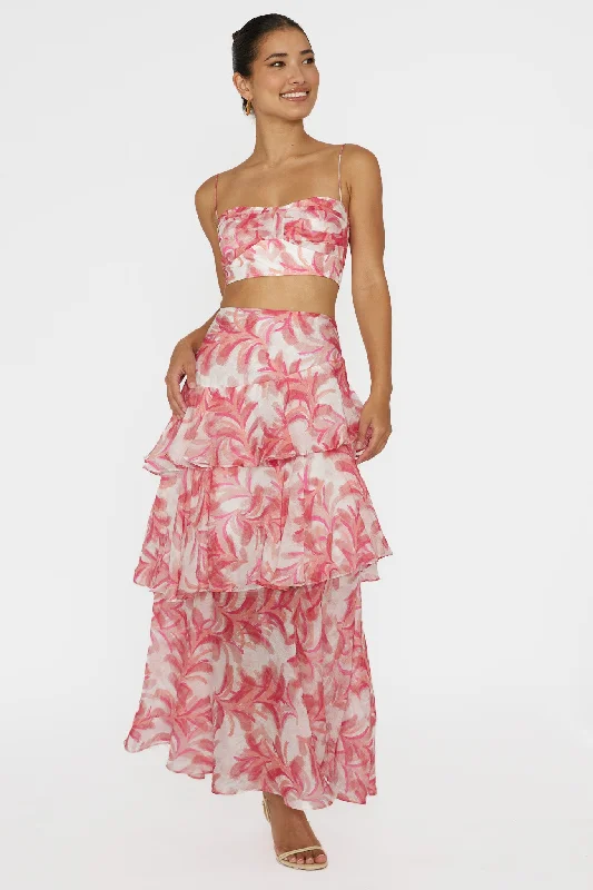 Personalized Wear Veda Tiered Ruffle Maxi Skirt Floral Pink