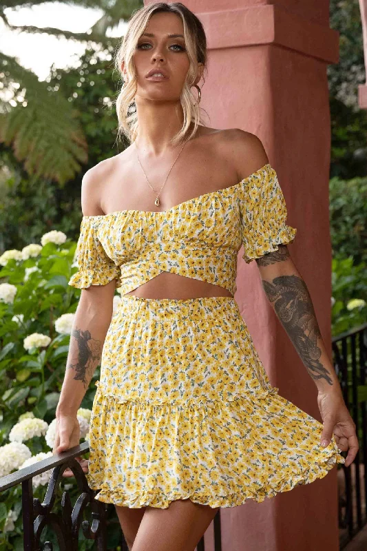 Minimal Style Alexi Frill Trim Mini Skirt Sunflower Print Yellow