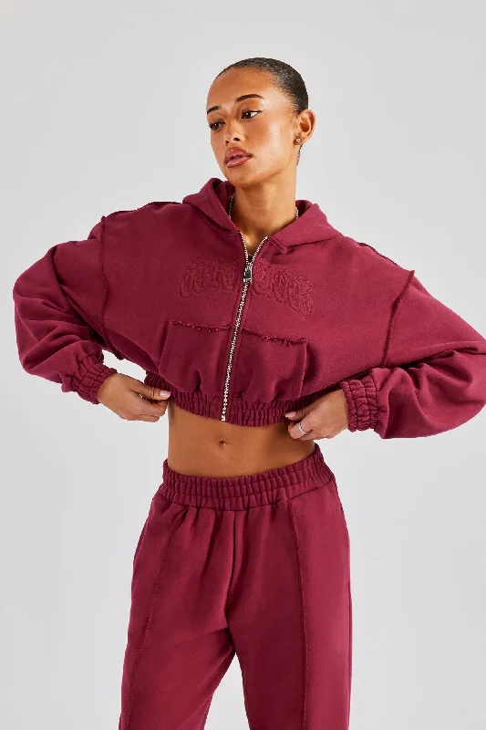 Fun and cute Cropped Exposed Seam  Zip Through Hoodie - Cherry Red