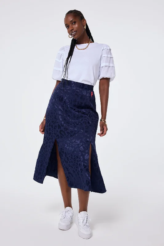 Goddess Outfit Navy Jacquard Leopard Split Front Skirt