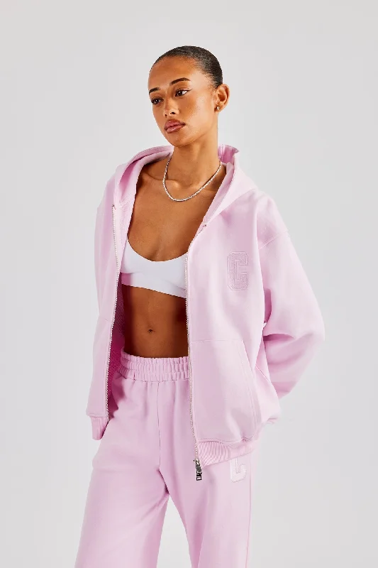 Comfortable and simple Embroidered C Zip Through Hoodie - Pink