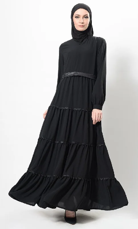 Versatile Comfort Faux Leather And Lace Work Multi Tiered Abaya And Hijab Set
