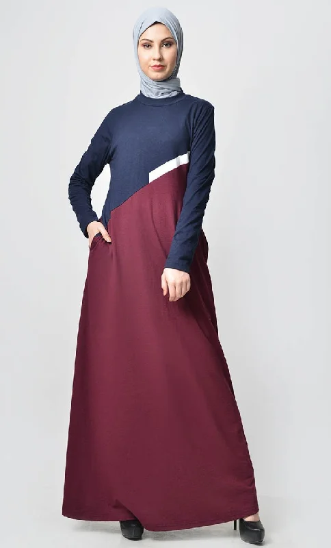Design sense Slashed Colorblocked Jersey Abaya - Maroon Navy