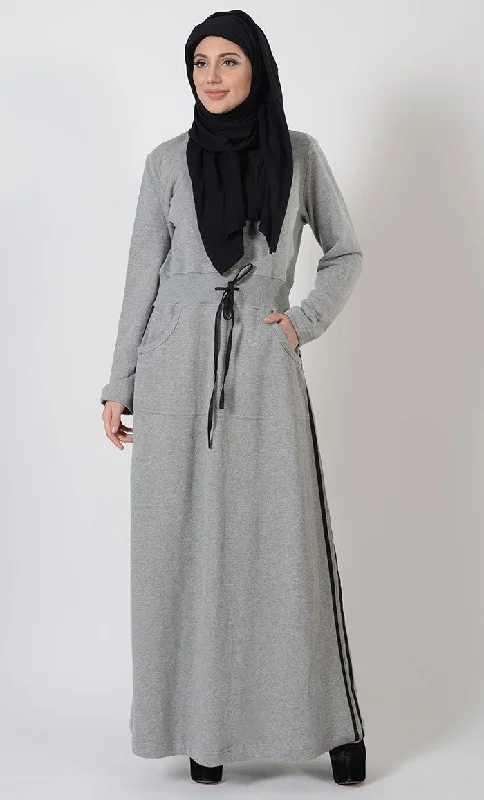 Classic Style Black Stripe Fleece Blend Activewear Abaya