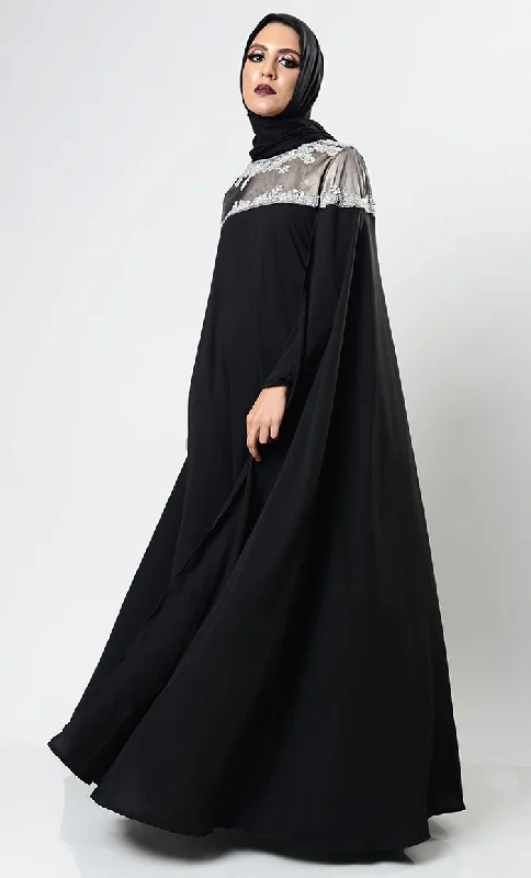 Printed Patterns Classy Black Caped Abaya Dress