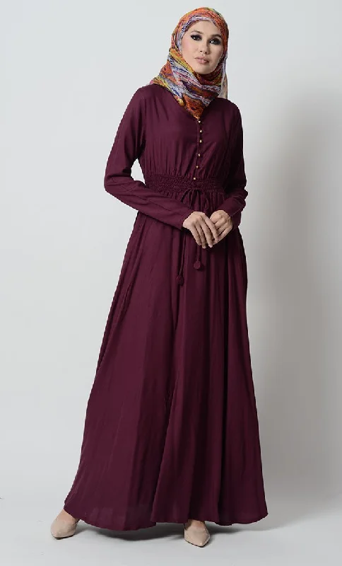 Elegant Outline Smocking waistline and loop buttons detail casual abaya dress