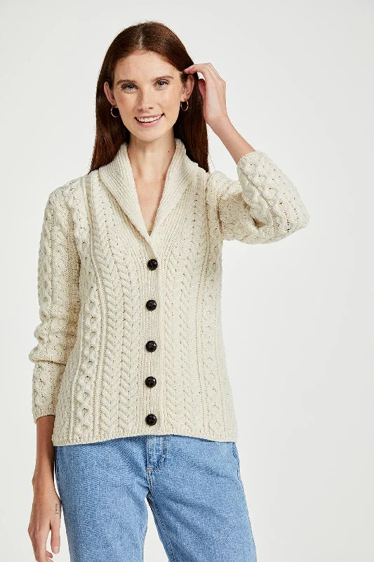 Thin Design Aran - Shawl Collar Cardigan with Buttons - White
