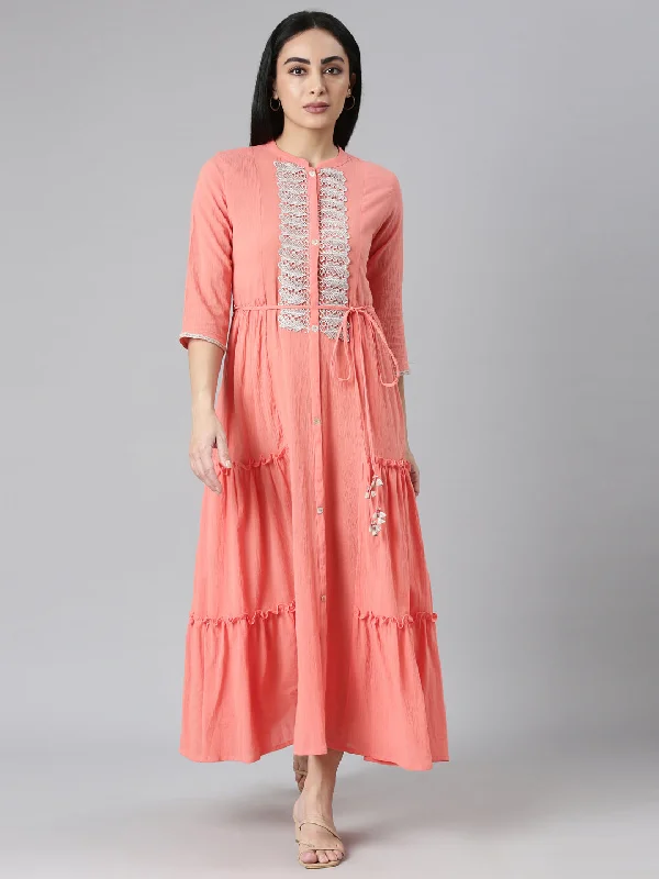 Soft Layers Neerus Orange Flared Casual Solid Maxi Dresses