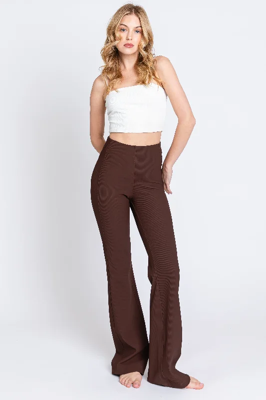 Fashionable And Versatile Brown Ribbed Flared Leggings