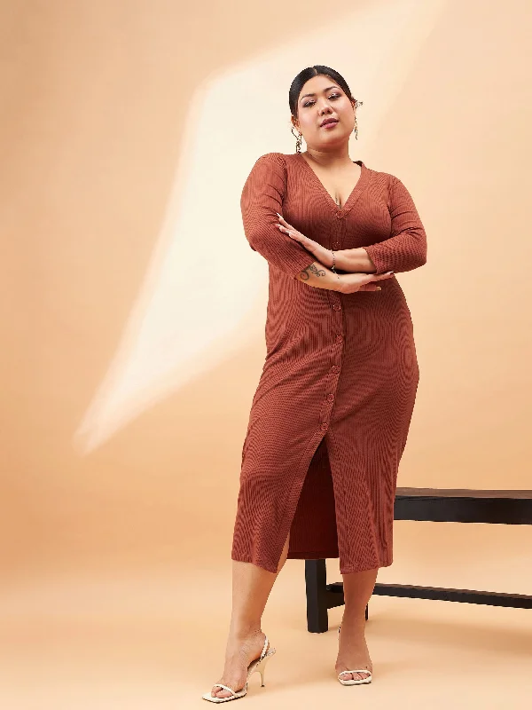 High-end Fashion Women Rust Rib Front Button V-Neck Midi Dress