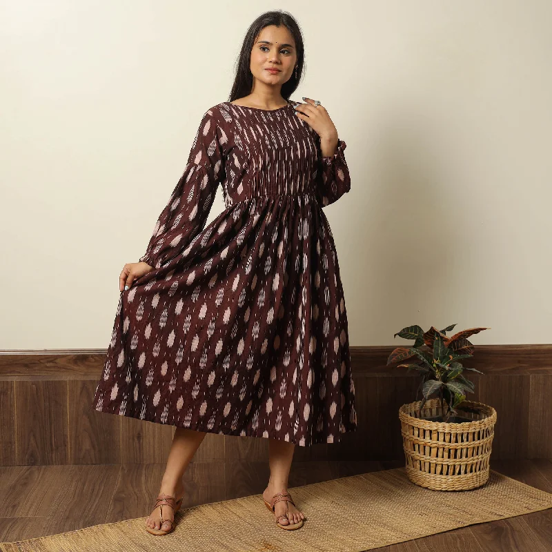 Simple Elegance Maroon - Pochampally Ikat Weave Cotton Pintuck Flared Dress 01