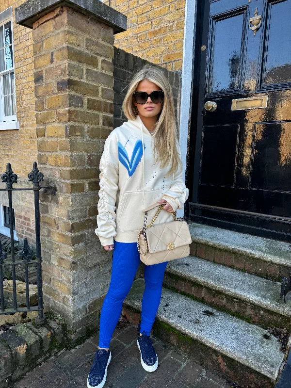 Versatile Wear Royal Blue Heart Sprayed Ruched Hoodie