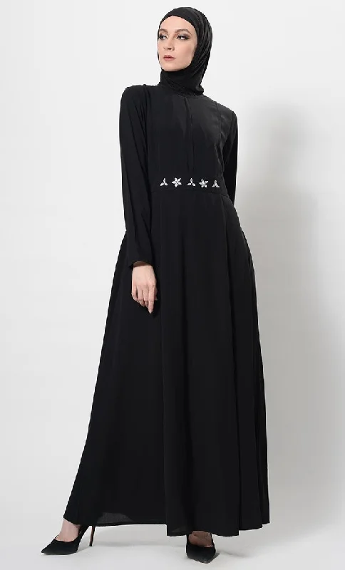 Soft Looks Crystal Embellished Motifs Flared Abaya Dress And Hijab Set