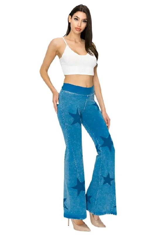 Sweet Breath T-Party Mineral Wash Star Print Fold Over Waist Flare Pants CJ75491 Blue