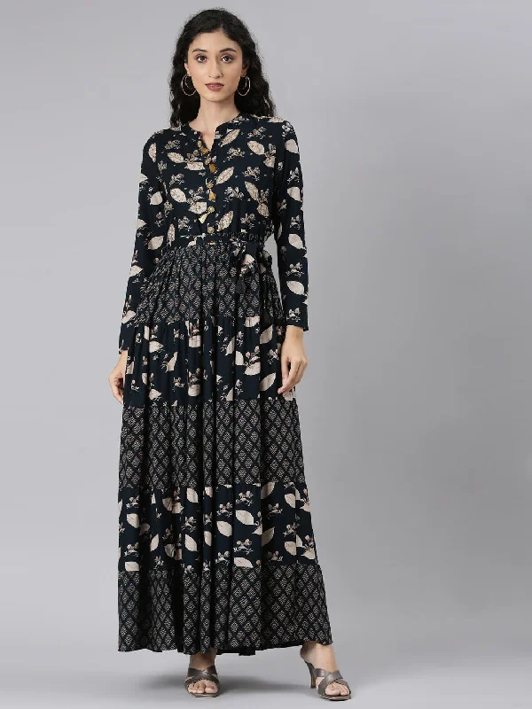 Comfortable Mind Neerus Navy Blue Curved Casual Floral Maxi Dresses