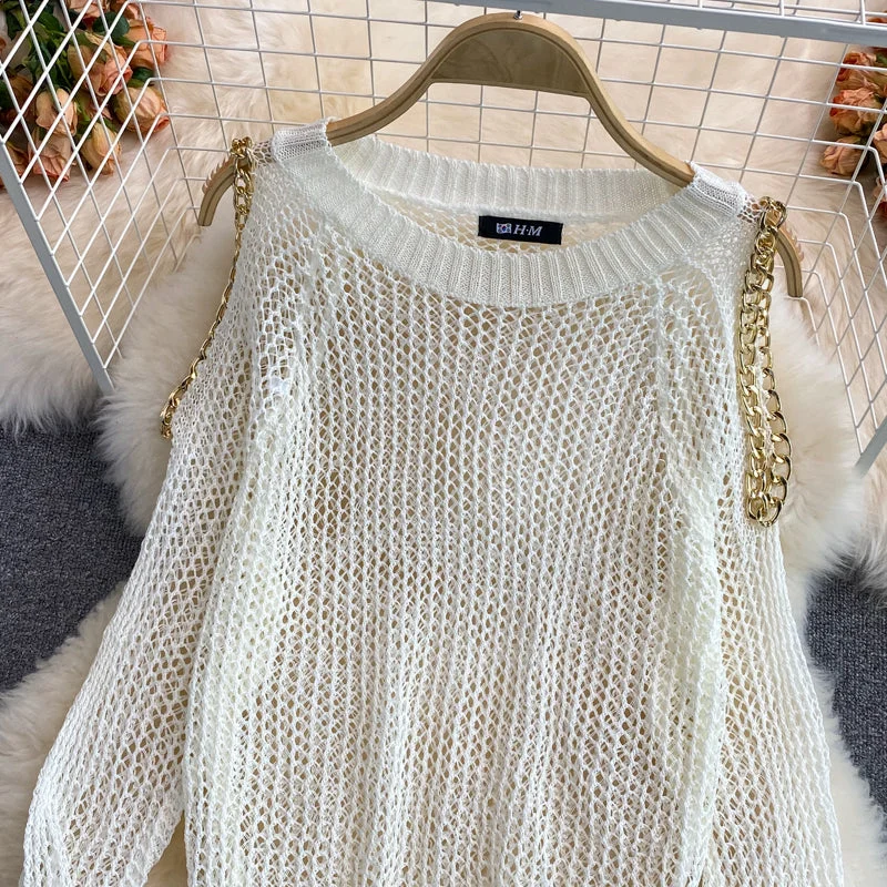 Minimal Style Cute cut-out long-sleeved sweater off shoulder sweater  038