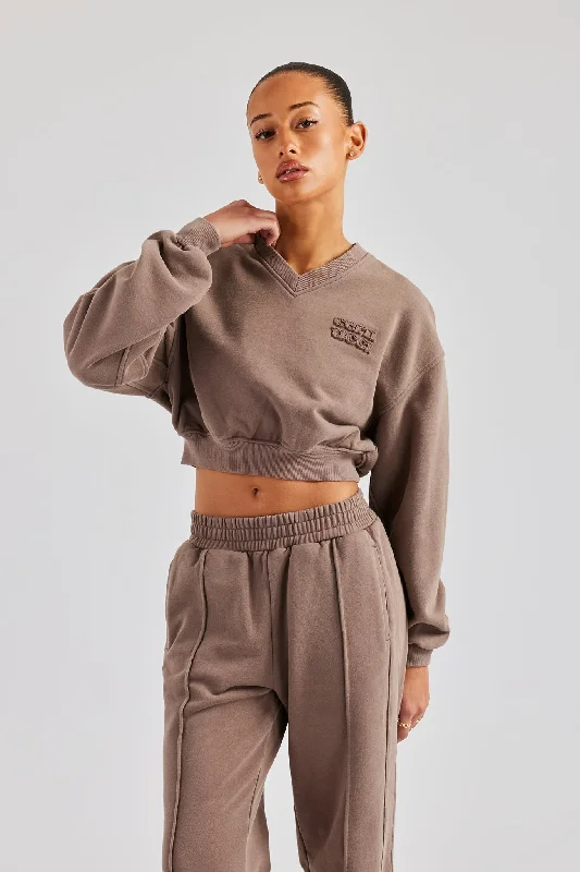 Sports Functional Style Washed Cropped V Neck Sweat - Mauve