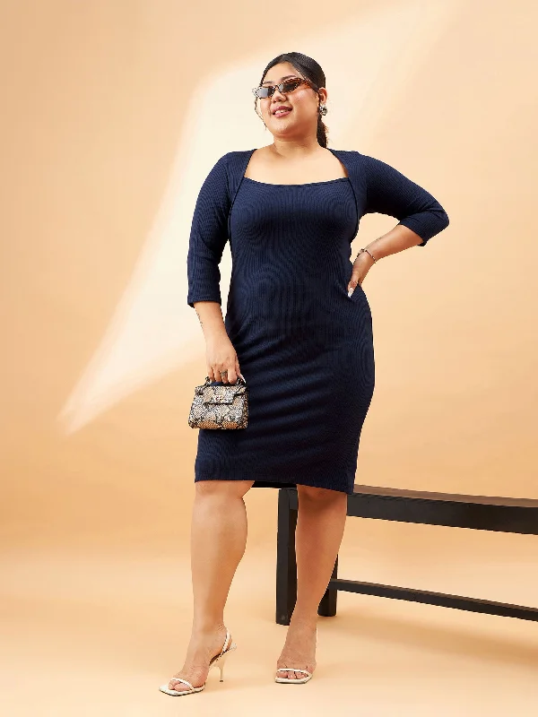 Classic Color Women Navy Rib Square Neck Dress