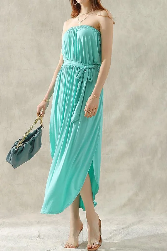 Sports Style OFF SHOULDER TUBE TOP MAXI DRESS WITH WAIST STRAP