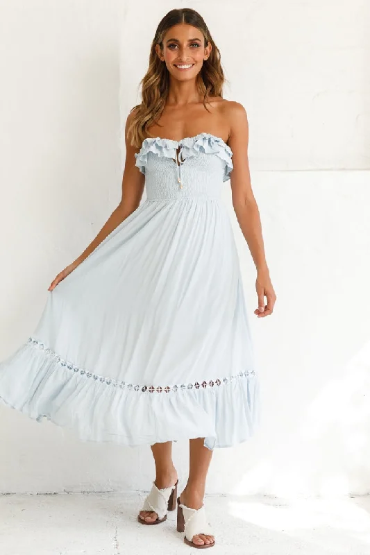 Warm Comfort Daydream Shirred Bust Frill Trim Maxi Dress Ice Blue