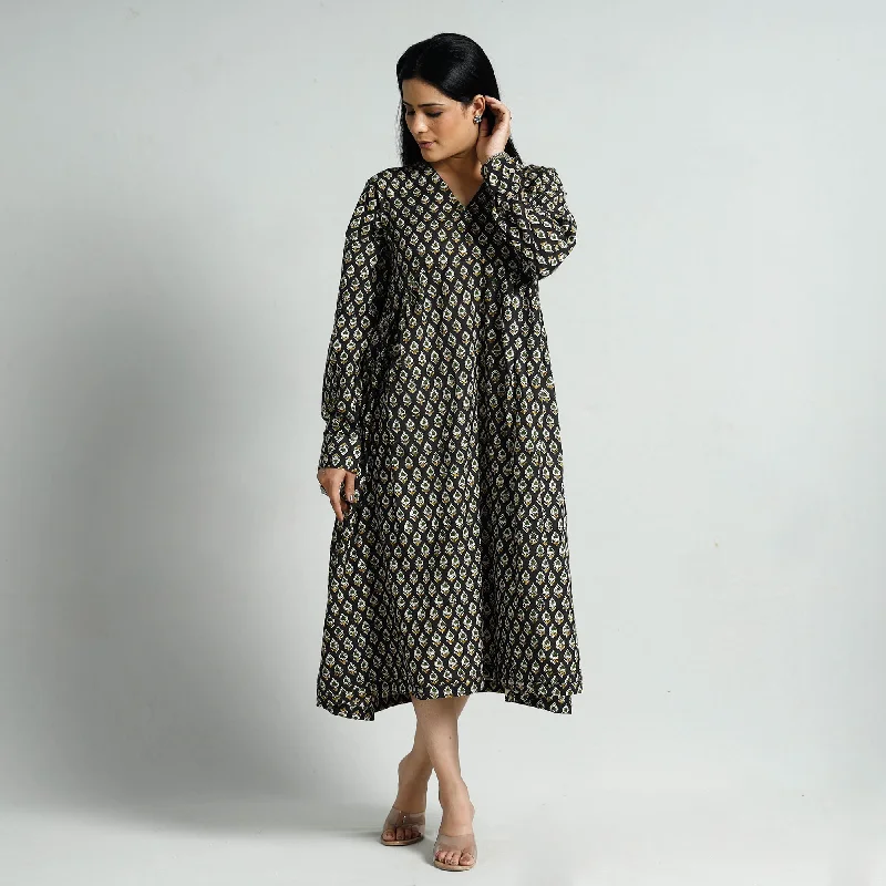 Modern Tailoring Black - Bagru Block Printed Cotton Flared Dress