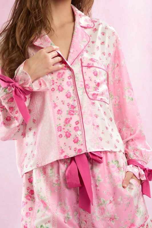 Slightly Flared Design Floral Printed Satin Pajamas Set