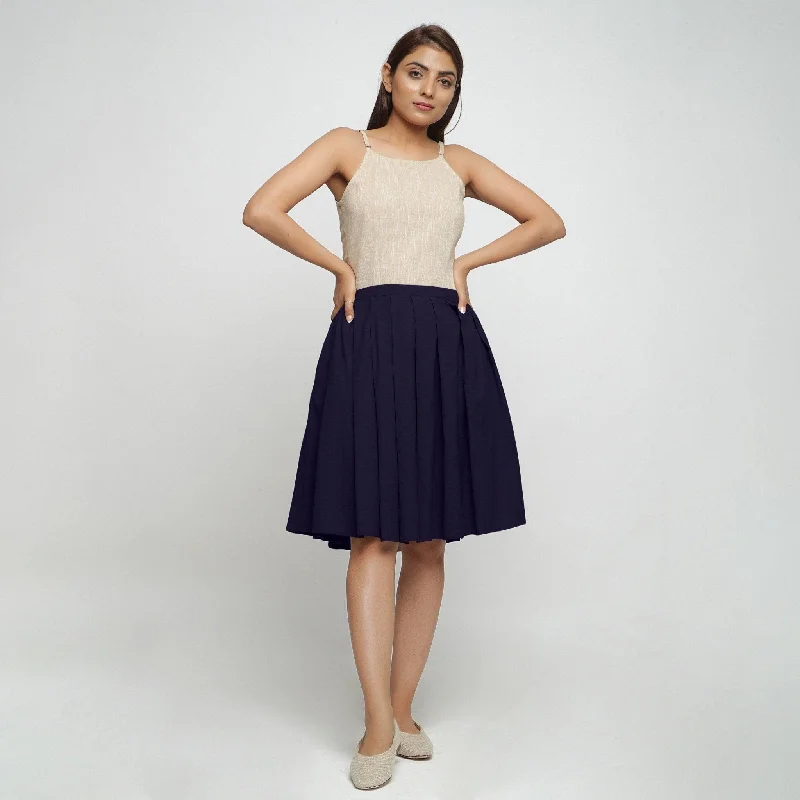 Basic Version Navy Blue Cotton Flax Pleated Knee Length Skirt