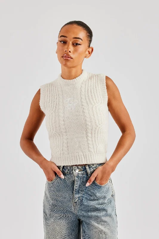 High Street Style Womens Cable Knit Vest - Off White