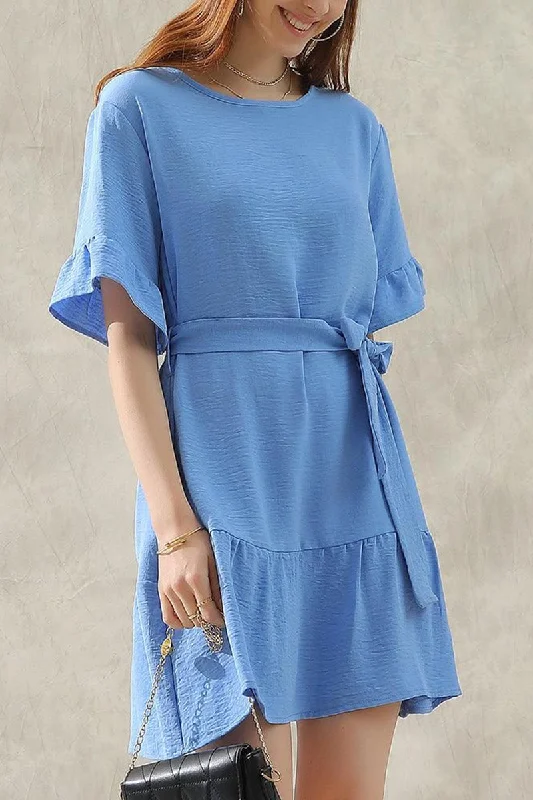 Retro Dress ROUND NECK WAIST BOW TIE RUFFLE SHORT DRESS