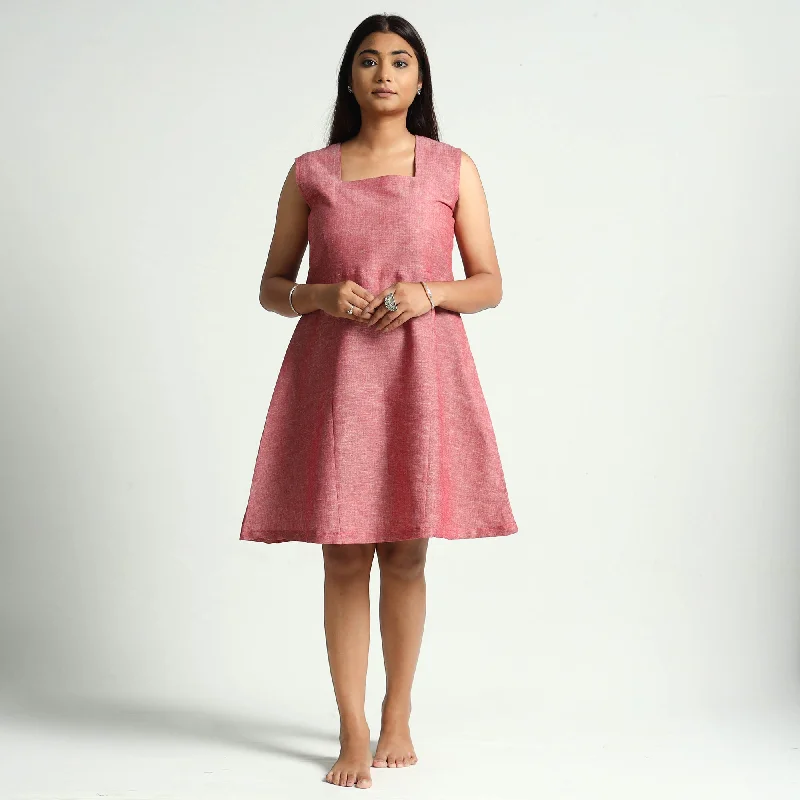 Exquisite Tailoring Pink - Red & White - Plain Handloom Cotton Dress