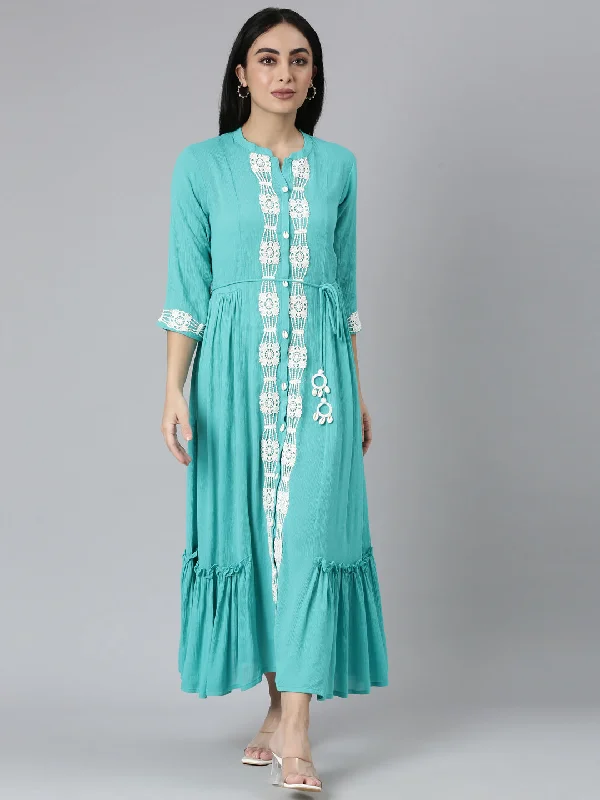 Trendy Looks Neerus Blue Flared Casual Solid Maxi Dresses