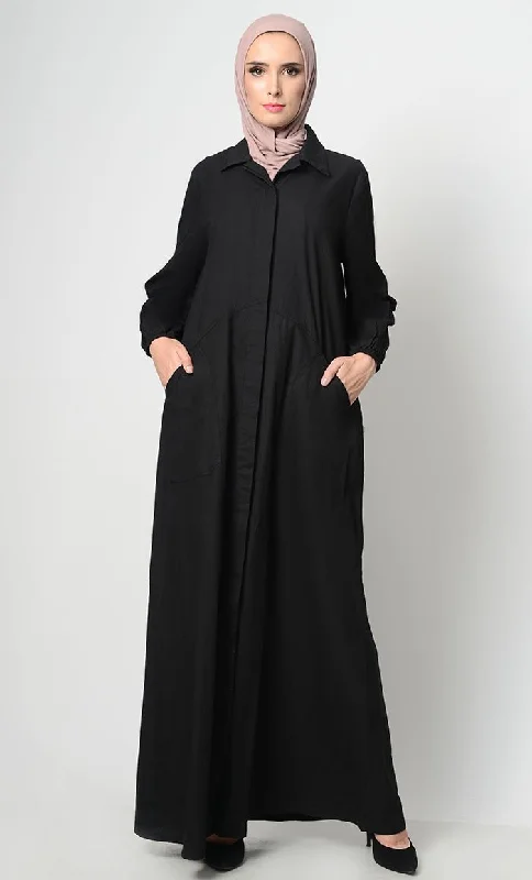 Relaxed And Casual Stylish Button Down Abaya-Black