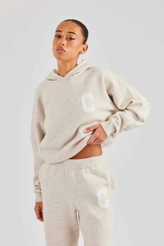 French Style C Knitted Hoodie - Oatmeal