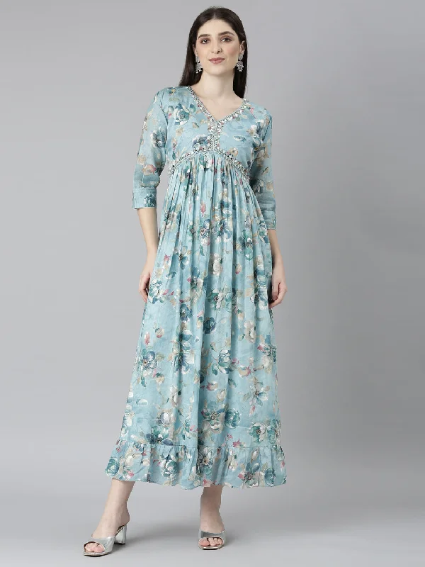 Warm Winter Series Neeru's Blue Straight Casual Floral Dresses