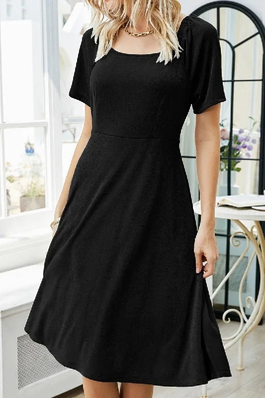 Soft Fabrics SQUARE NECK PLEATED SHORT SLEEVED DRESS