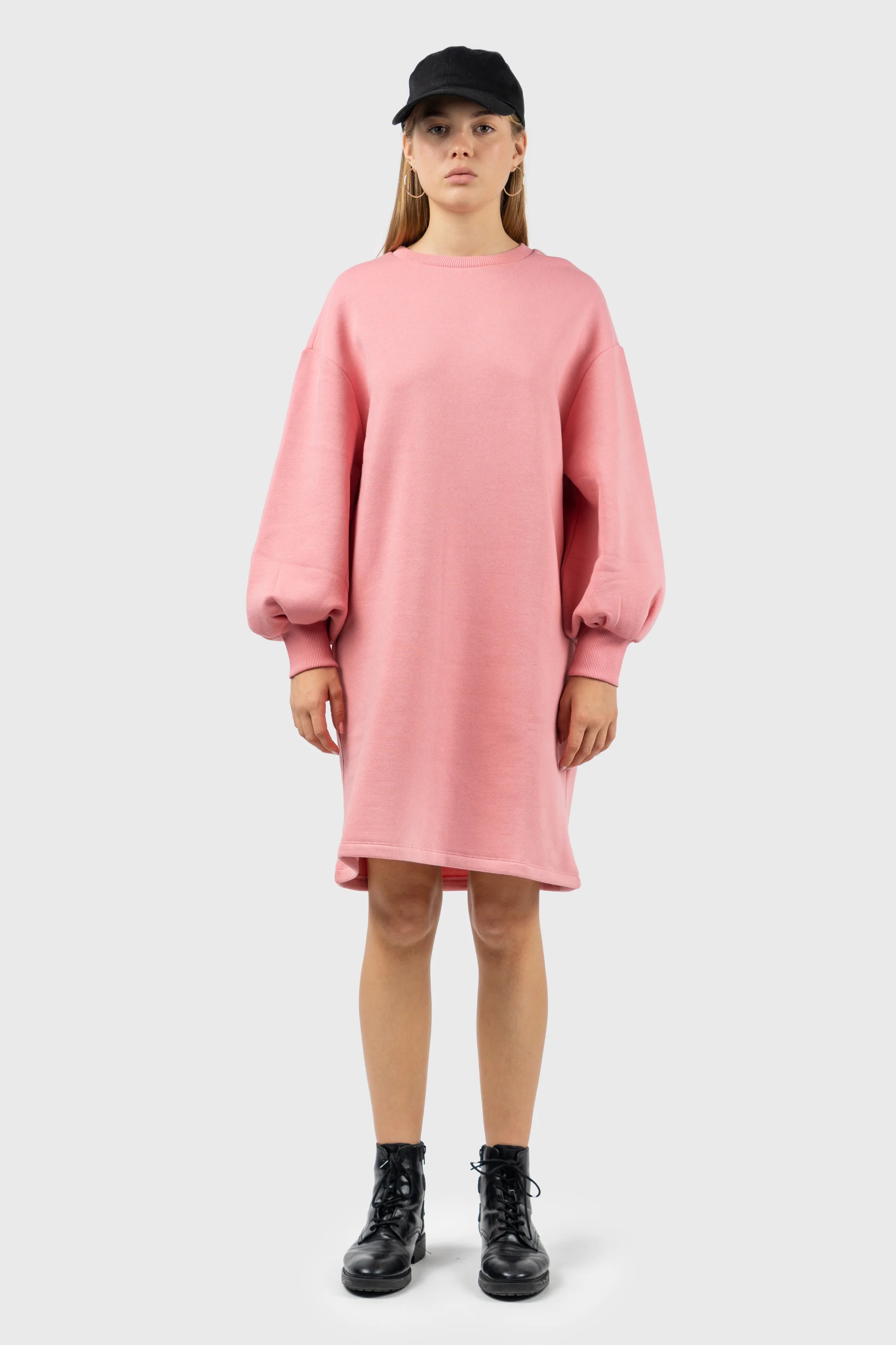 Stand-up collar design Pink Puff Sleeve Sweatshirt Dress