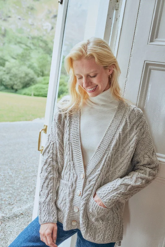 Youthful Aran - Vented box Cardigan with Buttons and trellis - Feather grey