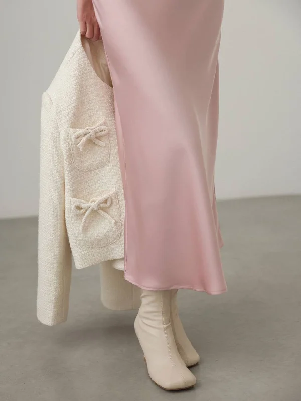 Simple Design Satin Midi Skirt in Pastel Pink