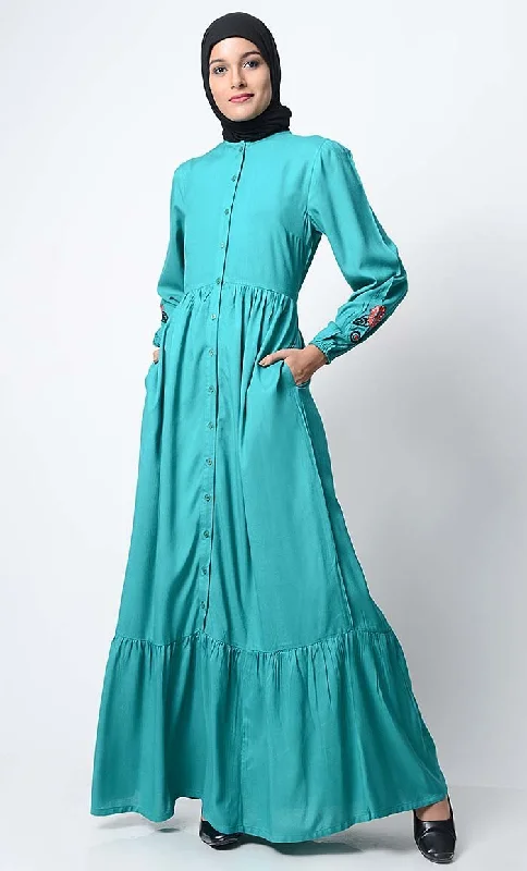 High-end Customization Bright Floral Embroidered Front Open Abaya