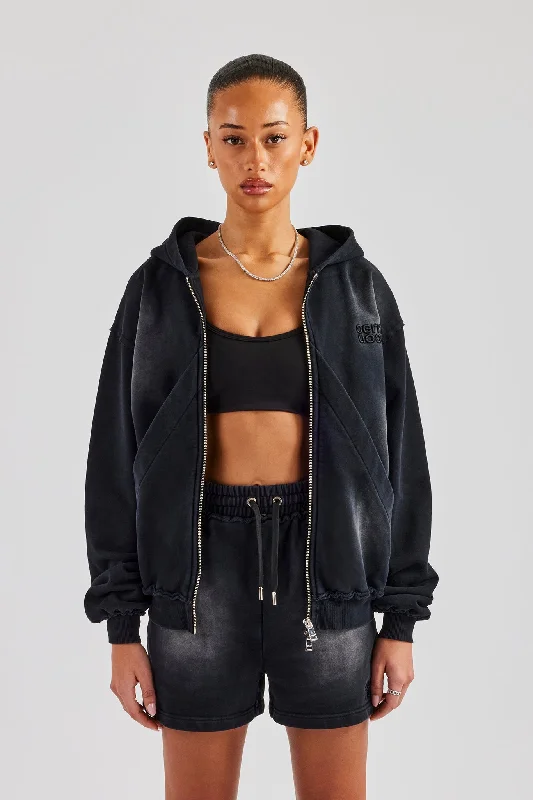 Urban Chic Washed Zip Through Panel Hoodie - Black