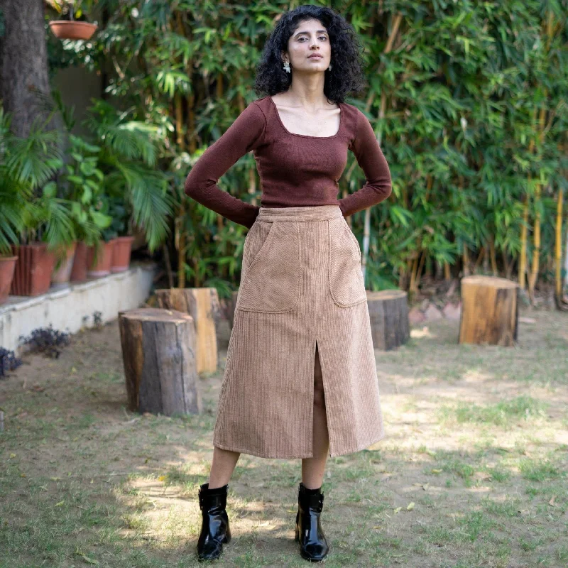 Practical Style Beige Warm Cotton Corduroy High-Rise A-Line Midi Slit Skirt