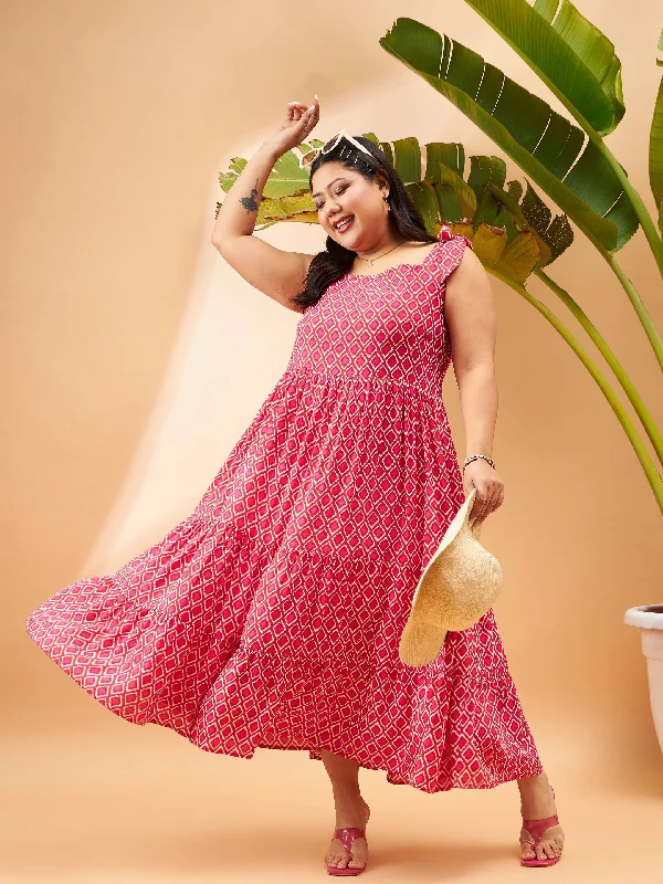 Cozy Shirts Women Pink Geometric Tie Up Tiered Dress