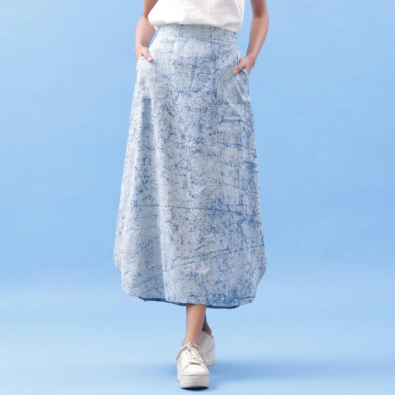 Easygoing Style Indigo Dabu Printed Cotton Elasticated A-Line Maxi Skirt